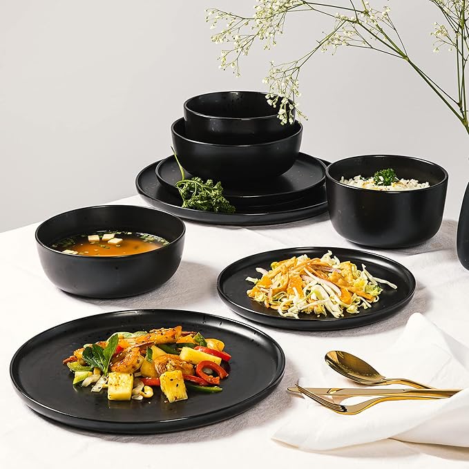 Gibson Elite James Street Stoneware Matte Reactive Double Bowl Dinnerware Set - Pepper Black, Service for 4 (16pcs)