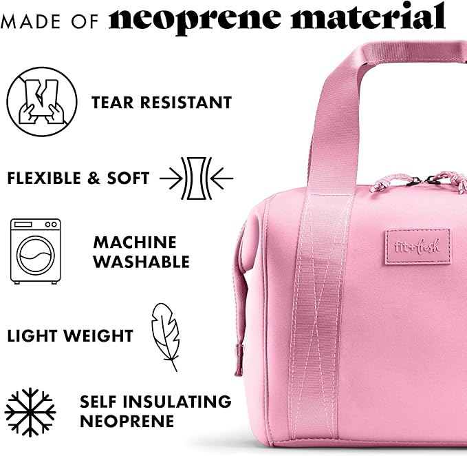 Fit & Fresh Remi Neoprene Lunch Bag For Women - Meal Prep Kit with Containers & XL Ice Pack, Self Insulating Neoprene-like Material, Machine Washable Lunch Bag, Tear-Resistant, Stain-Resistant, Pink