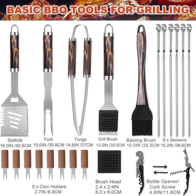 Grilljoy BBQ Accessories Grill Tools Set - 22PCS Stainless Steel Barbecue Grill Accessories for Outdoor Grill with Black Aluminum Case - Christmas Grilling Gifts for Men & Dad -Grill Tools Kit