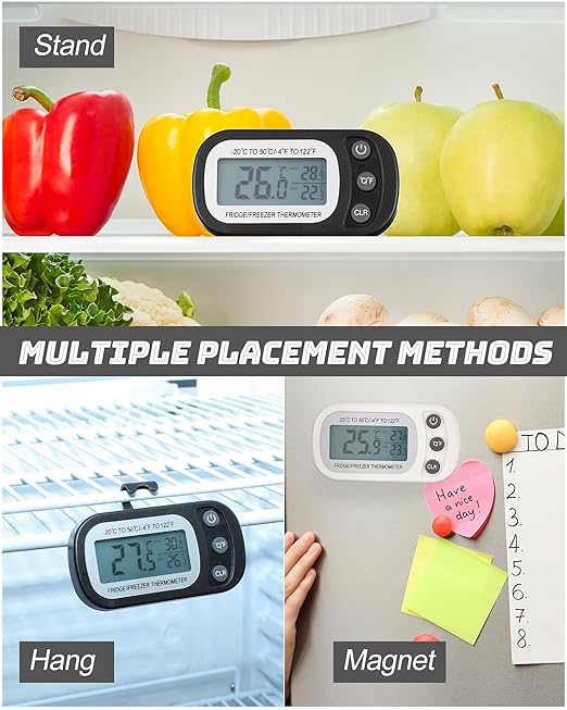 Frienda 12 Pack Black and White Digital Fridge Thermometer Waterproof Refrigerator and Freezer Room Max/min Record Function LCD Screen Refrigerator Thermometer with Hook and Magnetic Back for Home