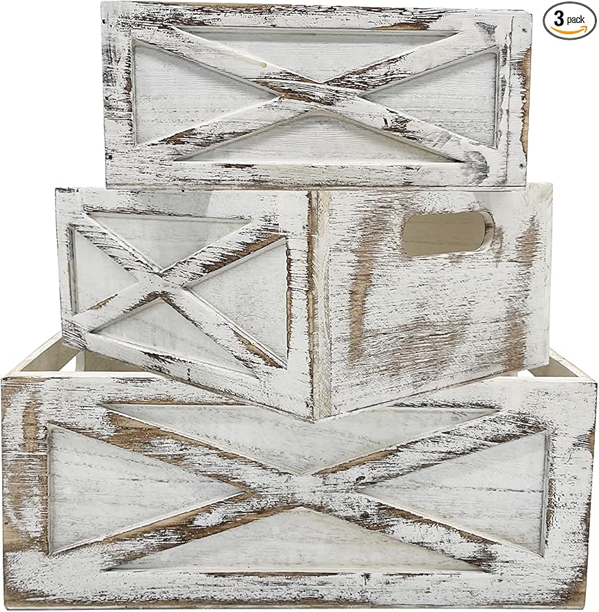 Admired By Nature Wooden Crates Storage Container, 3pc Farmhouse Style Decorative Baskets for Home Decor, Rustic Decor, Nesting Stackable Organizers, Distressed Wood Crates, Achromatic Barn Door White