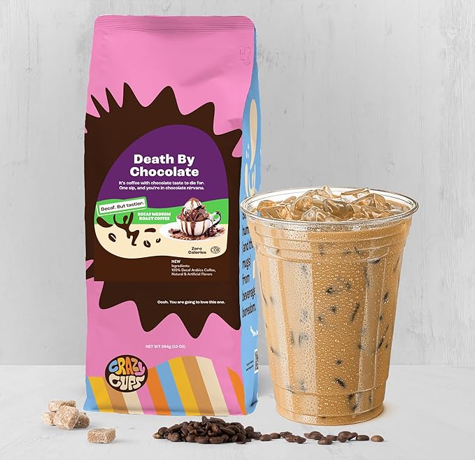 Crazy Cups Decaf Flavored Ground Coffee Variety Pack, Includes Chocolate Hazelnut, French Vanilla and Death by Chocolate, in 10 oz Bags, For Brewing Flavored Hot or Iced Decaf Coffee, Variety 3 Pack