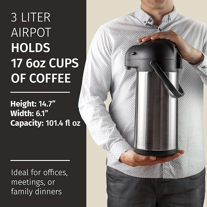 Cresimo Coffee Carafe with Pump - 102oz / 3L Airpot 12 Hours Large Hot Water Carafe, Cocoa Dispenser for Parties - Tea Flask, Insulated Stainless Steel Airpots for Hot Beverage Dispenser -Coffee Pump