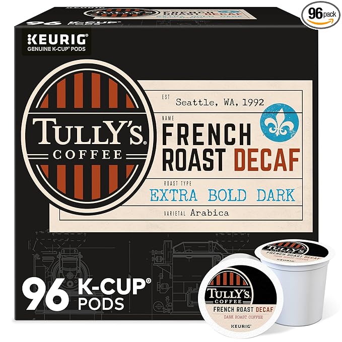 Tully's Coffee French Roast Decaf, Keurig Single-Serve K-Cup Pods, Dark Roast, 96 Count