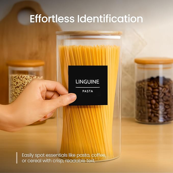 Talented Kitchen 144 Minimalist Pantry Labels – Preprinted White All-Caps on Matte Black Vinyl Stickers, Water-Resistant Adhesive Labels for Kitchen, Jars, Containers, Spices & Pantry Organization