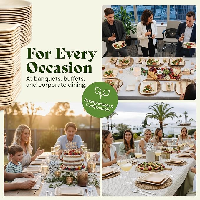 Chic Leaf Disposable Palm Leaf Plates - 50 Count, 8" Square, Natural - Bamboo Plates Disposable, Biodegradable & Compostable - Microwave Safe & Heavy Duty - Event & Party Supplies - Wedding Decor