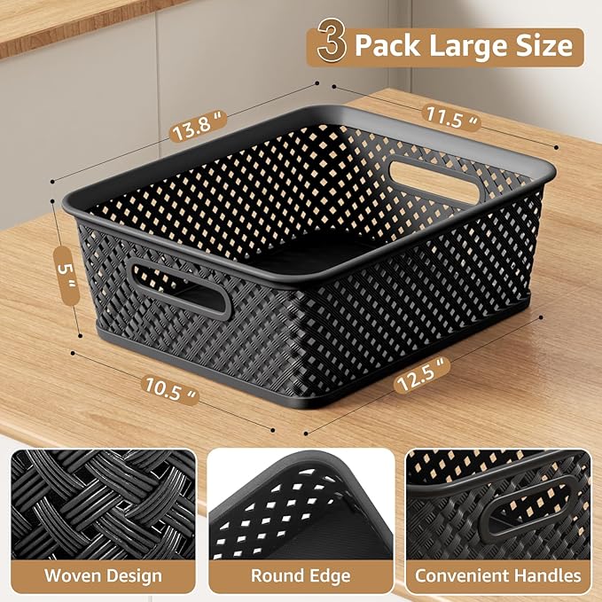 MaxGear Organization and Storage 3 Packs, Plastic Bins Organizer Bins, Woven Baskets for Storage, Plastic Baskets with Handles, Black Basket for Organizing, Basket Organizer for Home and Office, Large