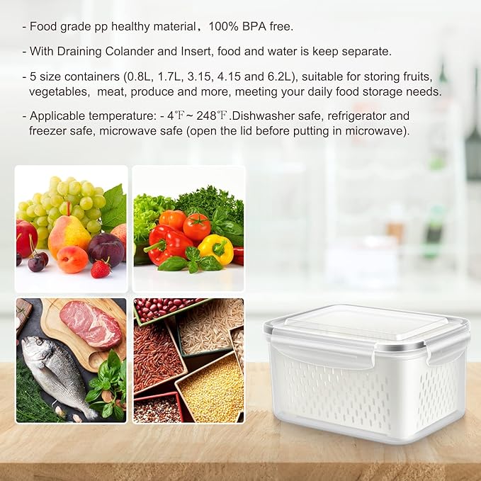 5 PCS Fridge Food Storage Container with Colander, Plastic Fresh Produce Saver Keeper for Vegetable Fruit Berry Salad Lettuce Meat Fish, BPA Free Kitchen Refrigerator Organizer Bins (6.2L-0.8L)