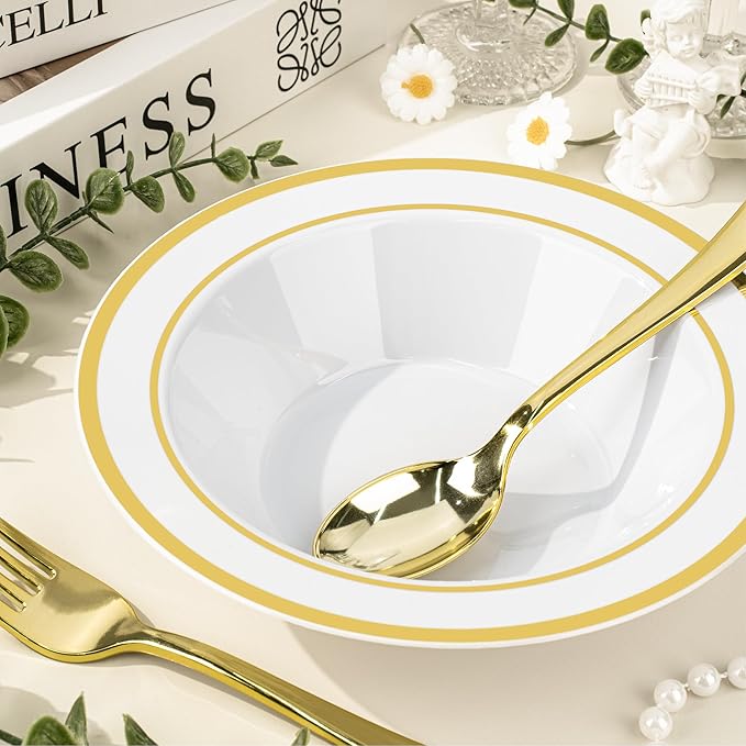 BESTVIP 100 Pack Plastic Bowls with Gold Rim, 12 oz Disposable Soup Bowls, Heavy-duty Dessert Salad Bowl for Party, Wedding, Christmas, Thanksgiving, Dinner, Catering