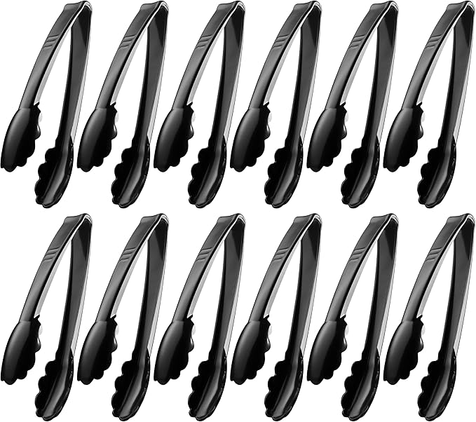 Plastic Tongs for Serving (Pack of 12) 9 Inch - Heavy-Duty Hard Plastic Reusable or Disposable Serving Tongs for Catering, Dinner Parties, Banquets, Buffets, Events, Weddings and Everyday Use, Black