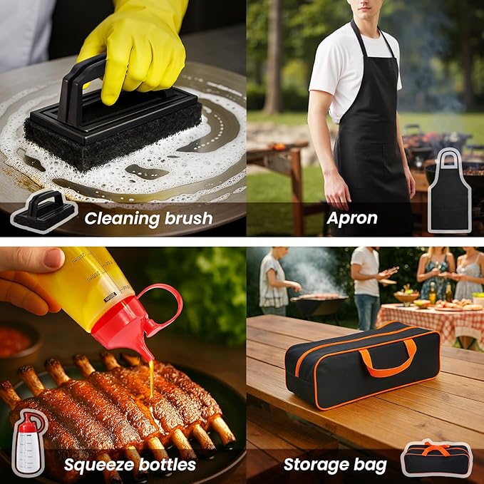 33PCS Griddle Accessories Kit, Flat Top Grill Accessories Set for Blackstone and Camp Chef, Stainless Steel Grill Spatula Set with Enlarged Spatulas, Basting Cover, Burger Press for Outdoor Barbecue