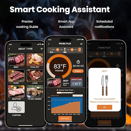Smart Wireless Meat Thermometer | 4 Probes | Upgraded large LCD Display | Accurate & Stable | long-range Bluetooth App or Host Control for iOS & Android |BBQ,Oven,Grill,Smoker,Air Fryer,Sous Vide