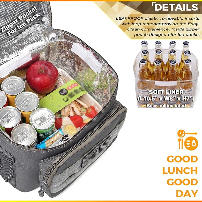 DBTAC Tactical Lunch Bag for Men Women, 12 Cans Insulated Lunch Box for Adult | 9L Leakproof Lunch Cooler Tote for Work Office Outdoor Travel | Soft Easy To Clean Liner x2, Grey