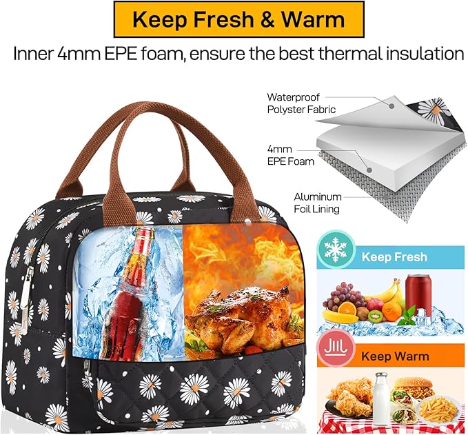 HOMESPON Lunch Bag for Woman Man Adults with Front Pocket Insulated Lunch Tote Lunch Box Container for Work Picnic or Travel(Daisy)