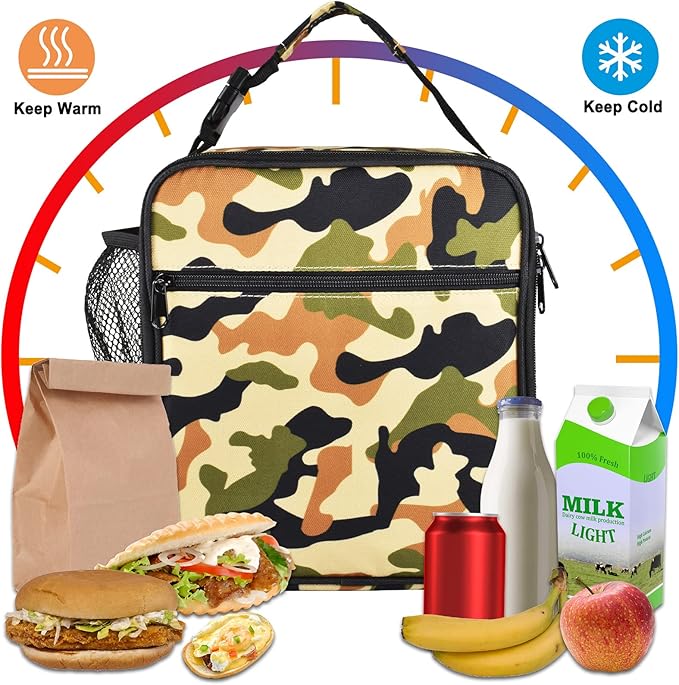 Insulated Lunch Bag, Leakproof Portable Lunch Box for Women Men Boys Girls, Large Capacity Cooler Bag for Office School Camping Hiking Outdoor Beach Picnic (Camo Brown)
