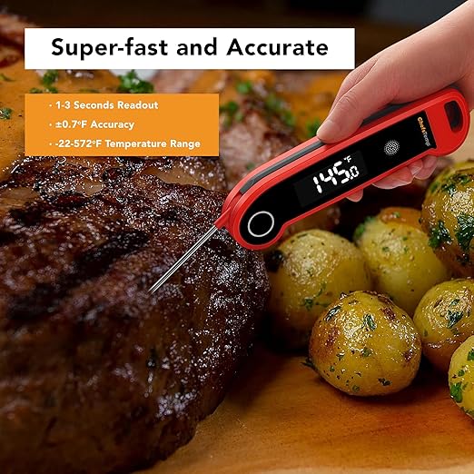 ChefsTemp Digital Instant Read Meat Thermometer with Ambidextrous Backlit for Grilling, Food, BBQ, Kitchen Cooking, Oil Deep Frying & Candy (Red)