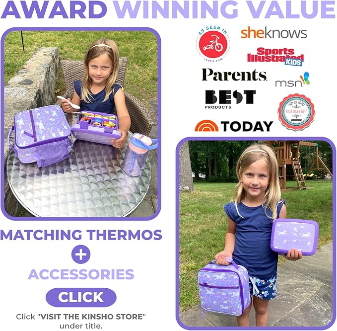 Bento Box with Insulated Lunch Bag, Ice Pack & Water Bottle Set for Kids - 5 Compartments, Lunches or Snack Container Girls, Toddlers Daycare Pre-School, Kindergarten Purple Unicorn