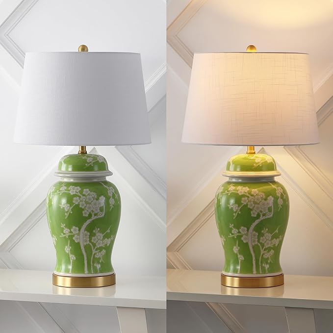 JONATHAN Y JYL3047B Gracie 29.5" Traditional Cottage Ceramic/Metal Ginger Jar LED Table Lamp, Green/White for Bedroom, Living Room, Office, College