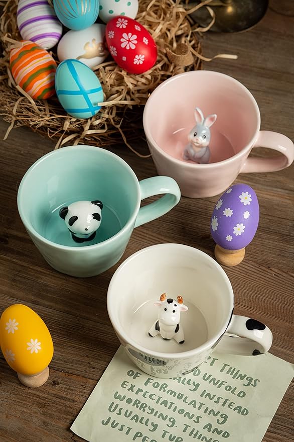 DIHOclub Rabbit Ceramic Cup Hidden 3D Animal Inside Mug,Cute Cartoon Bunny Handmade Figurine Mugs,Easter Gifts,12 OZ (Pink)