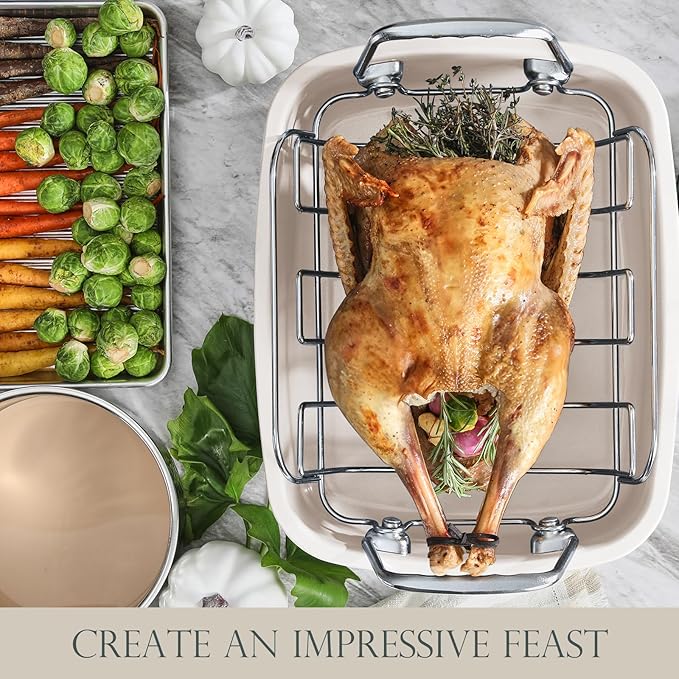 KITESSENSU Nonstick Turkey Roasting Pan with Rack 17 x 14 inch - Large Chicken Roaster Pan for Oven - Wider Handles & Heavy Duty Construction - Suitable for 24lb Turkey, Red