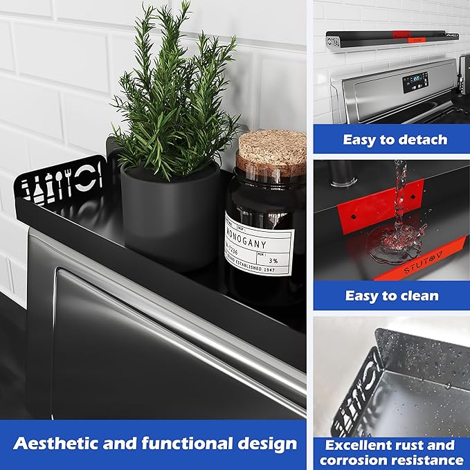 30" Magnetic Stove Top Shelf – Black Spice Rack with Red Logo and Seasoning Organizer – Kitchen Shelf for Back of Stove – Over Stove Rack and Storage Organizer