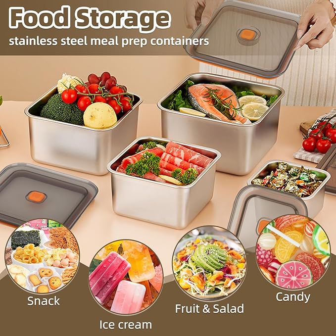 2 PCS Stainless Steel Food Storage Containers(27oz) with Lids Leak Proof & Airtight | Square Stainless steel freezer Containers,For Meal Prep,Fruit,Snack,Freezer