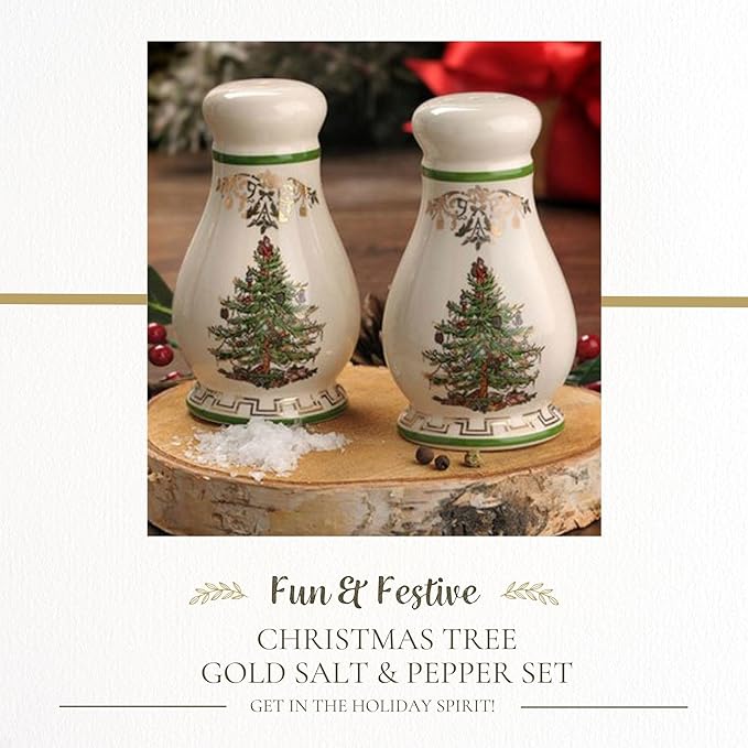 Spode Christmas Tree Gold Salt & Pepper Shaker Set (2-Piece) - Holiday Kitchen & Table Décor - Festive Home Accent, Christmas Gift, Stocking Stuffer for Friends & Holiday Enthusiasts