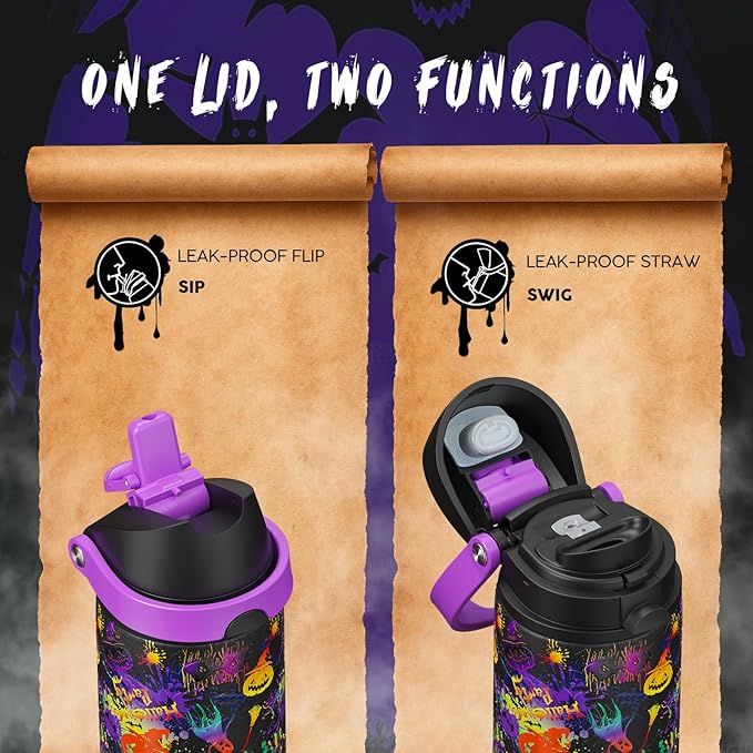 ENCOOL Halloween Insulated Water Bottle with Straw - Stainless Steel Water Bottle with Push Button Lid, Leak-Proof BPA-Free, Keeps Cold for 24 Hours for Halloween gifts, Party (24 oz, Ghost Party)