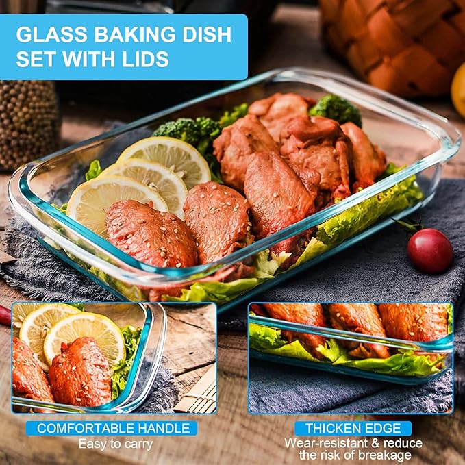 KOMUEE 8 Pieces Glass Baking Dish with Lids Rectangular Glass Baking Pan Bakeware Set with Lids, Baking Pans for Lasagna, Leftovers, Cooking, Kitchen, Fridge-to-Oven, Gray