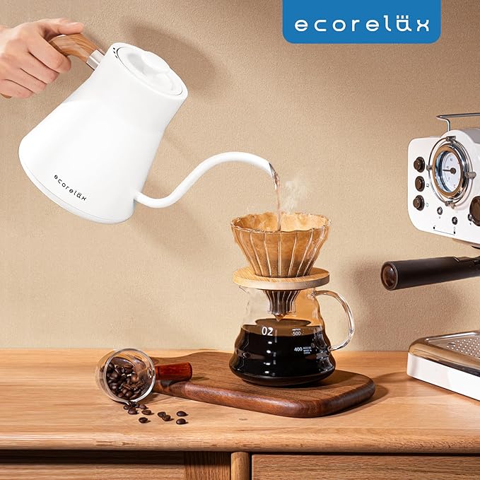 ECORELAX Gooseneck Electric Kettle, ±1℉ Temperature Control Pour Over Kettle for Coffee, Tea & Water, Stainless Steel 1200 W Keep Warm OLED Display 1 L (White)