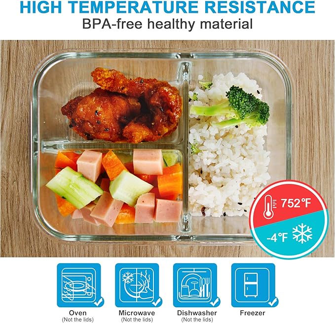 DAS TRUST 3 Pack Bento Box Glass Meal Prep Container 3 Compartment Glass Food Storage Containers with Lids Meal Prep Bowls Lunch Box for Oven