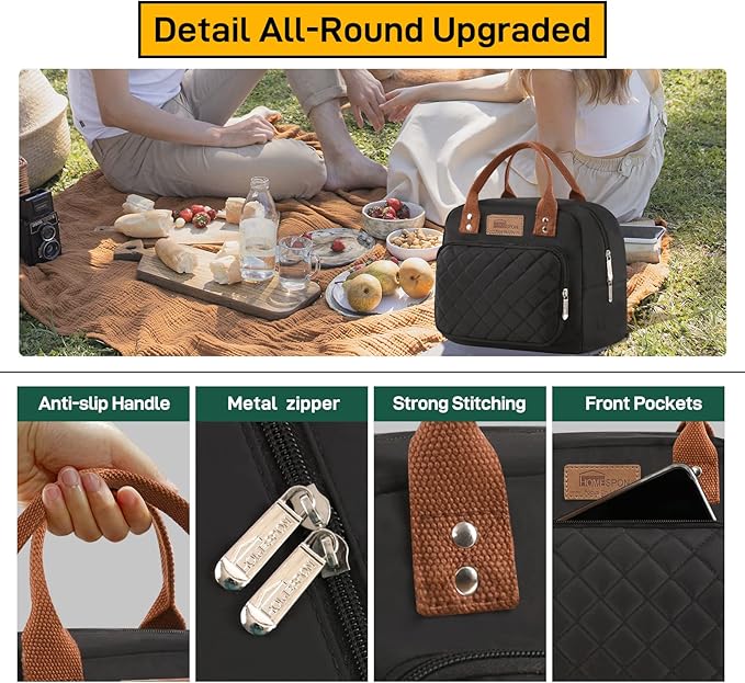 HOMESPON Lunch Bag for Woman Man Adults with Front Pocket Insulated Lunch Tote Lunch Box Container for Work Picnic or Travel(Black)