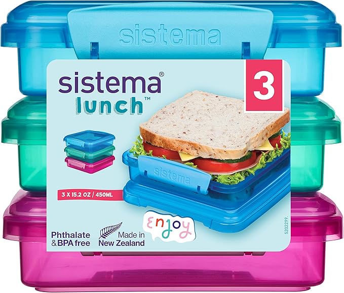 Sistema 3-Piece Sandwhich Containers for Lunch Boxes and Meal Prep, Dishwasher Safe, 1.9-Cup, Blue/Green/Pink