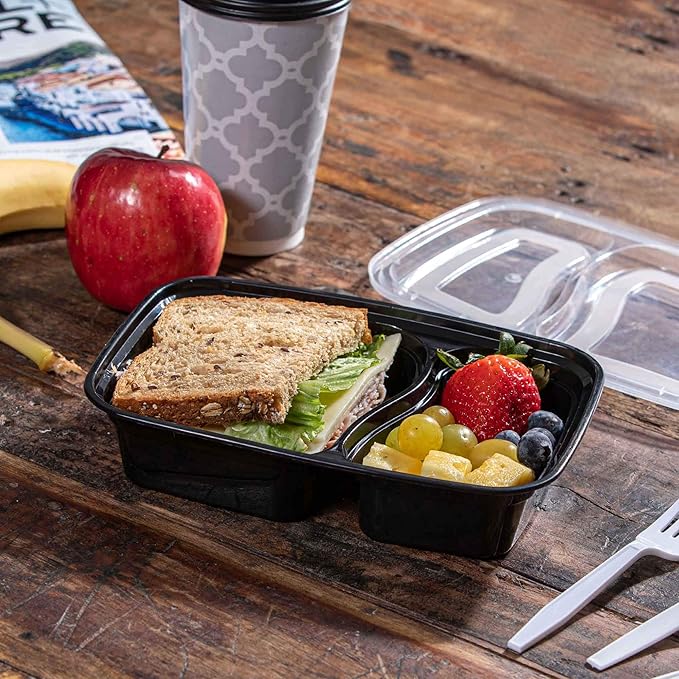 Meal Prep Container Reusable 2 Compartment With Lids 28oz (25 Sets)- Food Prep Containers, Food Storage Bento Box | Stackable | Microwave | Dishwasher | Freezer Safe.