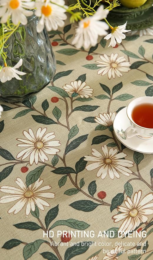 ISAENNE Designer Green Linen Extra Long Tablecloth Rectangle,Floral French Country Indoor Table Cloth,Stain Resistant Home Decor Tablecloths for Dining Kitchen Thanksgiving Party,63"*110"-Brune