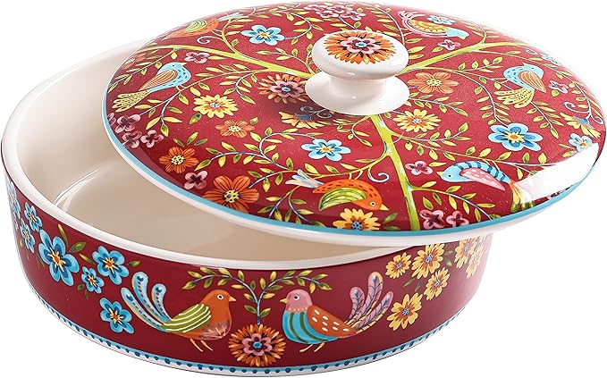 Bico Red Spring Bird Ceramic Tortilla Warmer, 8.9 Inch Tortilla Holder with Lid for Taco Bread Pancake for Mexican Night and Party, Microwave and Dishwasher Safe