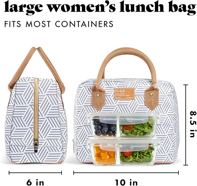 Fit & Fresh Bloomington Lunch Bag for Women - Insulated Large Lunch Box for Work with Containers, Leak-Resistant, Stain-Resistant, Zipper Closure, Gray Seaport Geo