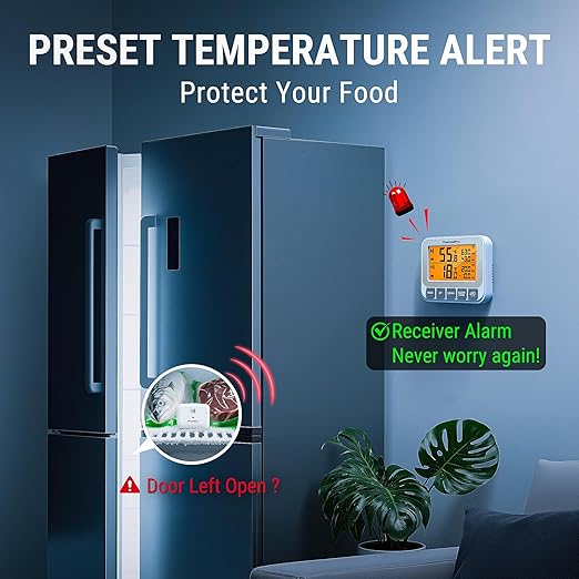 ThermoPro Wireless Freezer Fridge Thermometer with Alarm, 500 ft/150 m Range, High Accuracy, Rechargeable Refrigerator Thermometer with Backlit LCD Display, Battery Included