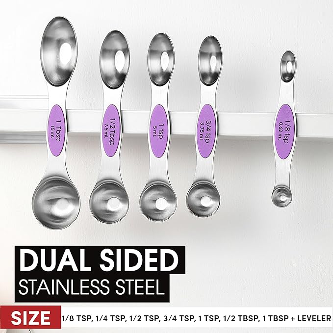 Spring Chef Magnetic Measuring Spoons Set, Dual Sided, Stainless Steel, Fits in Spice Jars, Orchid, Set of 8, 2 Pack