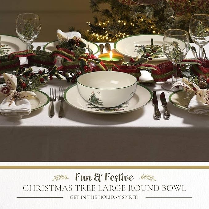 Spode Christmas Tree Large Round Bowl - 10-Inch Porcelain Serving Dish for Salad, Pasta & Side Dishes - Iconic Holiday Design with Green Trim, Dishwasher, Microwave Safe - Festive Gatherings