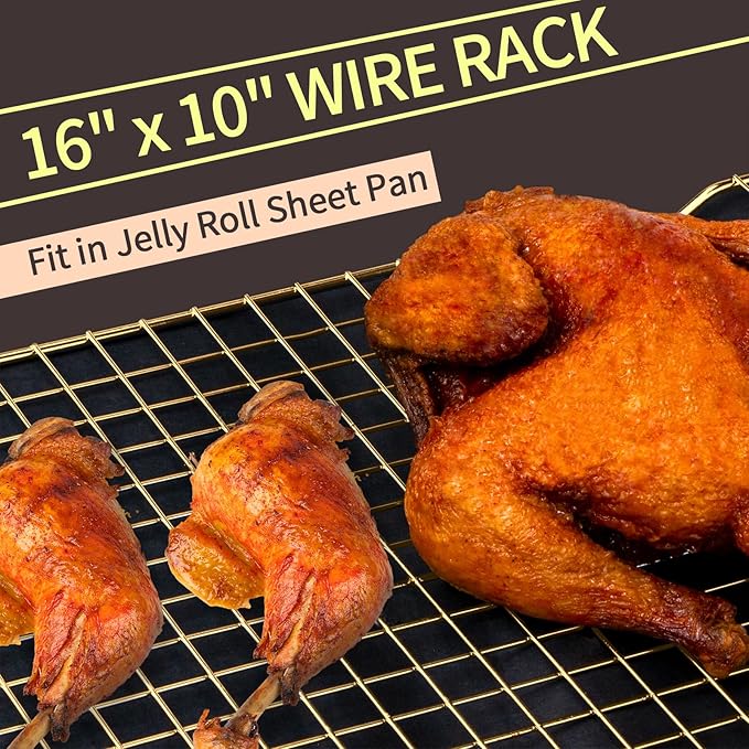 BRIOUT Cooling Rack for Baking, 16x10 Inches Baking Rack, Thick Wire Cookie Rack for Cooking, Roasting, Grilling, Drying, Oven Safe, Fits Half Sheet Pan, Gold