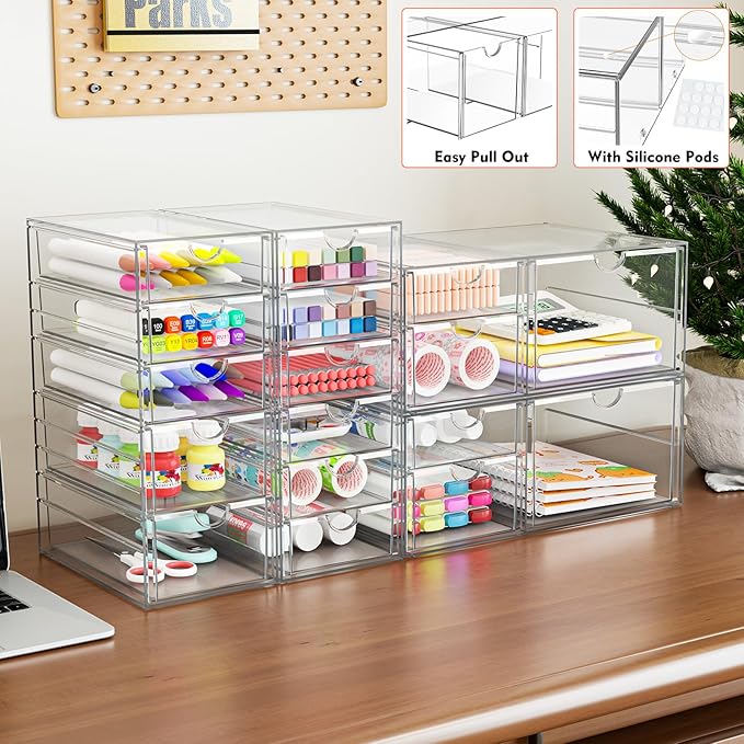 Acrylic Makeup Organizer with 17 Drawers, 4 Pack Clear Bathroom Counter Organizer for Palettes, Cosmetic, and Beauty Supplies,Ideal for Vanity, Cabinet,Desk Organization