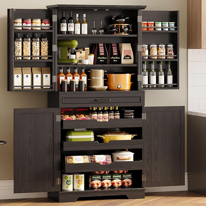 IRONCK Farmhouse Kitchen Pantry Cabinet, 72" Height Tall Freestanding Cupboard with Sliding Storage Rack and 6 Hanging Shelves for Kitchen, Dining Room, Black