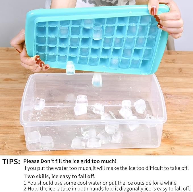 Ice Cube Tray with Lid and Bin for Freezer, Easy Release 55 Nugget Ice Tray with Cover, Storage Container, Scoop. Perfect Small Ice Cube Maker Tray & Mold. Flexable Durable Plastic, BPA Free