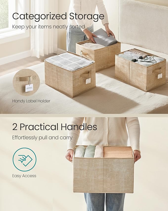 SONGMICS Storage Cubes, 15.7 x 11.8 x 9.5 Inches Non-Woven Fabric Bins with Double Handles, Set of 3, Closet Organizers for Shelves, Foldable, for Clothes, Sand Beige UROB440K01