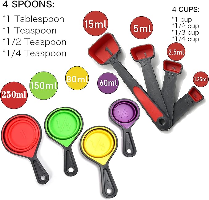 Collapsible Silicone Soft Measuring Cups and Measuring Spoons,8 pieces Portable Food Grade Silicone Measurement Cup for Liquid & Dry Measuring Baking & Travel Measuring Cup，space saver (Purple)