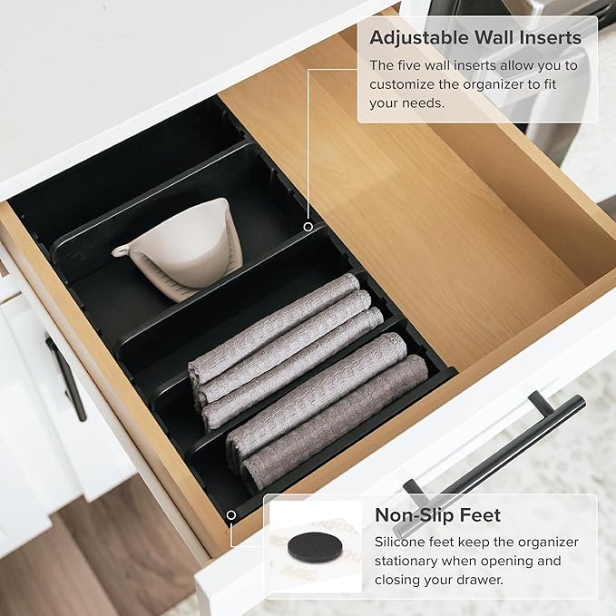 KitchenEdge Bamboo Kitchen Towel and Food-Storage Organizer, Perfect for Kitchen Drawers, Cabinets, Pantry, 5 Adjustable Wall Inserts, Non-Slip Feet, Food-Safe Black Finish