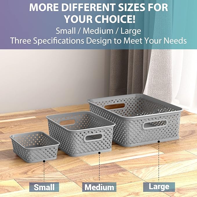 MaxGear Organization and Storage 3 Packs, Plastic Bins Organizer Bins, Woven Baskets for Storage, Plastic Baskets with Handles, Grey Basket for Organizing, Basket Organizer for Home and Office, Small