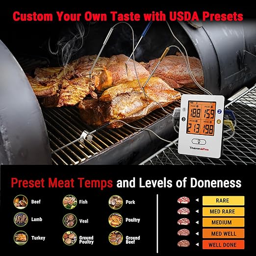 ThermoPro TP25 650FT Wireless Meat Thermometer with 4 Probes, Bluetooth Meat Thermometer for Cooking, BBQ Oven Food Smoker Thermometer Rechargeable