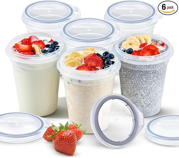 JoyPlus Overnight Oats Containers with Lids Plastic (Grey) - Meal Prep Containers Reusable for Food Storage – 16oz Jars for Breakfast, Snacks, and Lunch